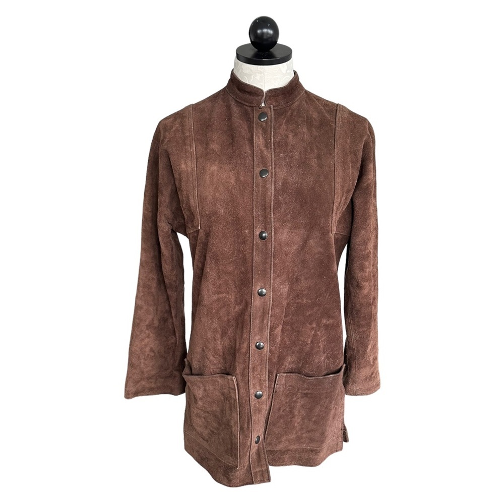 Vintage 1960's Suede Leather Snap Front Jacket Patch Pockets Mandarin Collar M/L